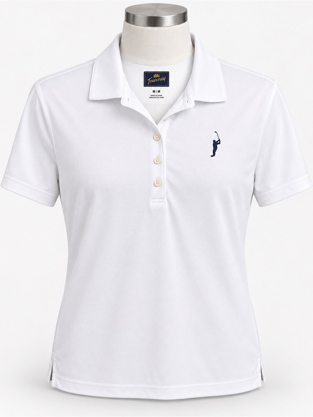 Tourney Women's White Polo Shirt with Navy Golfer Logo